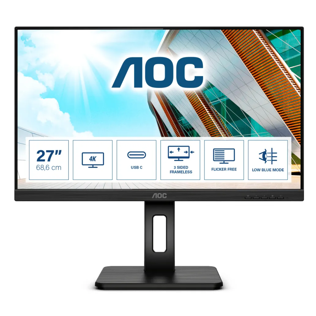 Monitor AOC 68,6 cm (27,0") U27P2CA 3840x2160 IPS 4ms 2xHDMI2.0 DisplayPort USB-C 65W 4xUSB3.2 Pivot 3H sRGB112% Monitor AOC 68,6 cm (27,0") U27P2CA 3840x2160 IPS 4ms 2xHDMI2.0 DisplayPort USB-C 65W 4xUSB3.2 Pivot 3H sRGB112%