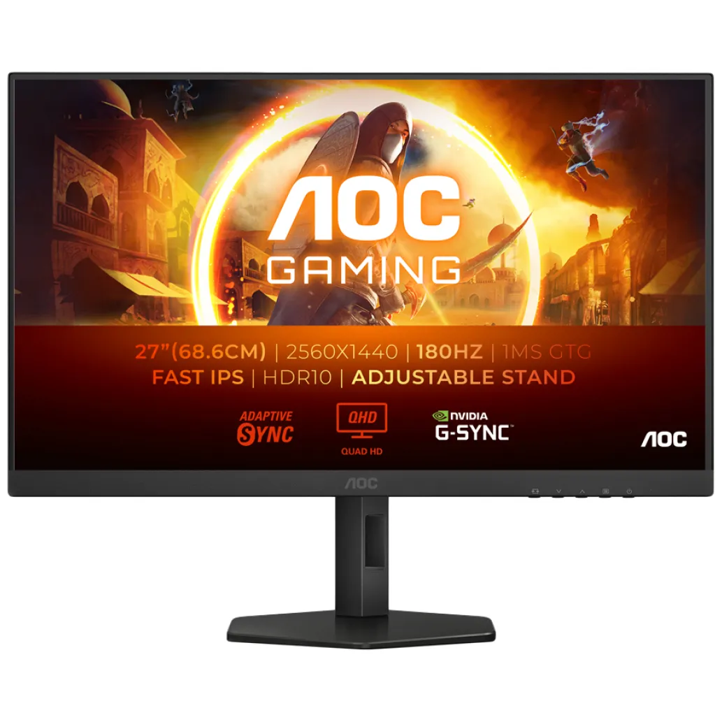 Monitor AOC 68,6 cm (27,0") Q27G4XF 2560x1440 Gaming 180Hz Fast-IPS 0,5ms 2xHDMI DisplayPort Pivot DCI-P3-93% AdaptiveSync G-Sync Compatible HDR10 G4 Series Monitor AOC 68,6 cm (27,0") Q27G4XF 2560x1440 Gaming 180Hz Fast-IPS 0,5ms 2xHDMI DisplayPort Pivot DCI-P3-93% AdaptiveSync G-Sync Compatible HDR10 G4 Series