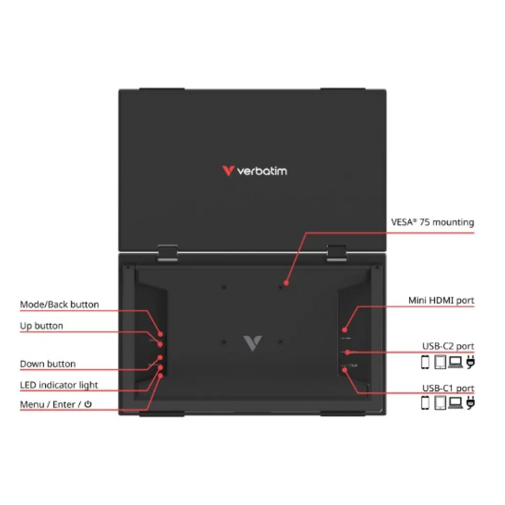 Prenosni monitor Verbatim 39,6 cm (15,6") Dual Essentials 1920x1080 60Hz IPS 10ms Mini-HDMI USB-C-Out Zvočniki 2x1W NTSC45% Prenosni monitor Verbatim 39,6 cm (15,6") Dual Essentials 1920x1080 60Hz IPS 10ms Mini-HDMI USB-C-Out Zvočniki 2x1W NTSC45%