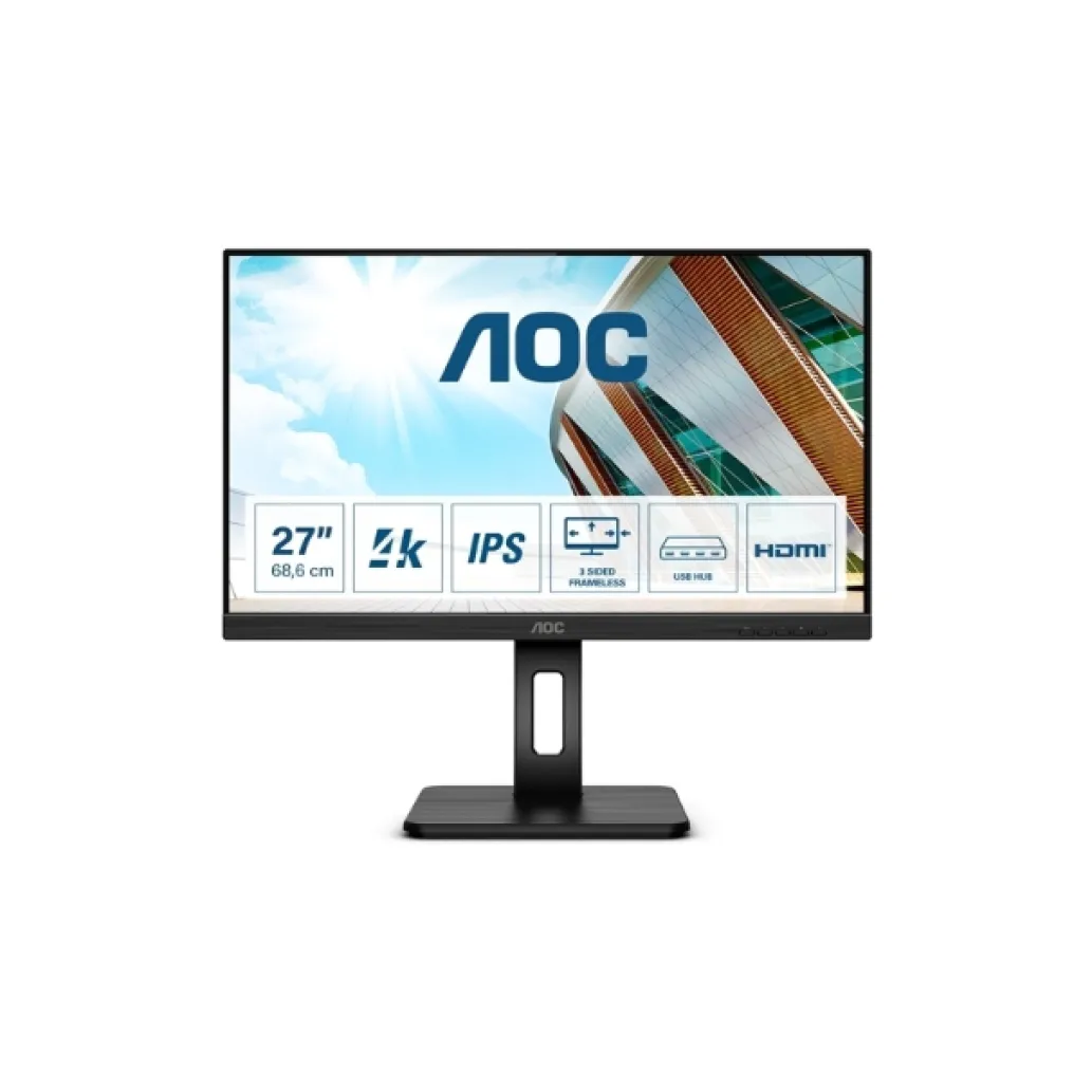 Monitor AOC 68,6 cm (27,0") U27P2CA 3840x2160 IPS 4ms 2xHDMI2.0 DisplayPort USB-C 65W 4xUSB3.2 Pivot 3H sRGB112% Monitor AOC 68,6 cm (27,0") U27P2CA 3840x2160 IPS 4ms 2xHDMI2.0 DisplayPort USB-C 65W 4xUSB3.2 Pivot 3H sRGB112%